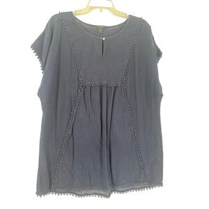 J Crew Navy Blue Embroidered Tunic Top Women's Size L Short Sleeve Keyhole Neck